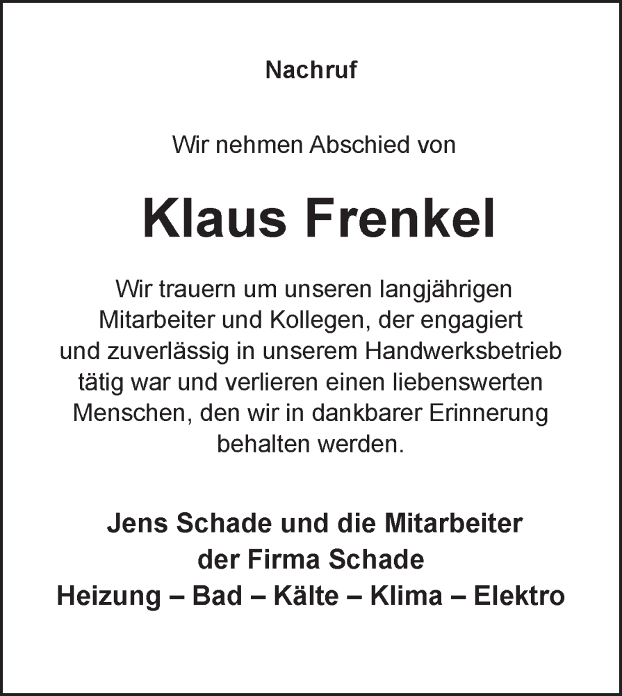 Traueranzeige für Klaus Frenkel vom 07.02.2026 aus Neue Osnabrücker Zeitung GmbH & Co. KG