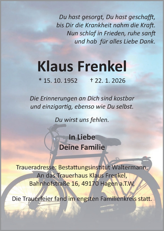 Traueranzeige von Klaus Frenkel von Neue Osnabrücker Zeitung GmbH & Co. KG