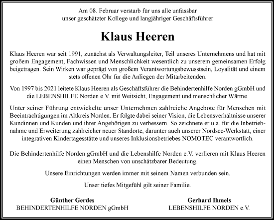 Traueranzeige von Klaus Heeren von Ostfriesischer Kurier GmbH