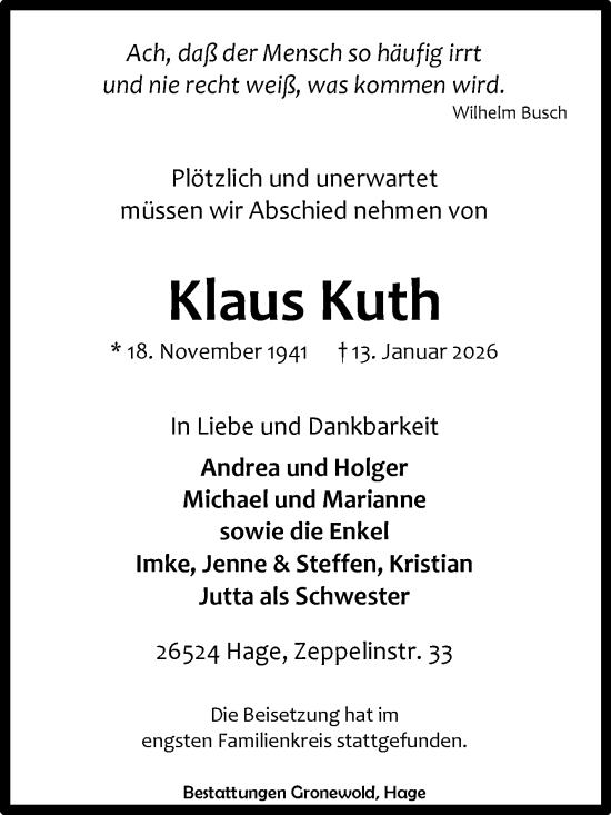 Traueranzeige von Klaus Kuth von Ostfriesischer Kurier / Norderneyer Badezeitung