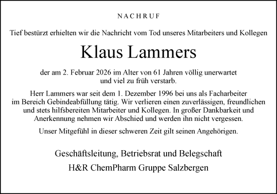 Traueranzeige von Klaus Lammers von Neue Osnabrücker Zeitung GmbH & Co. KG