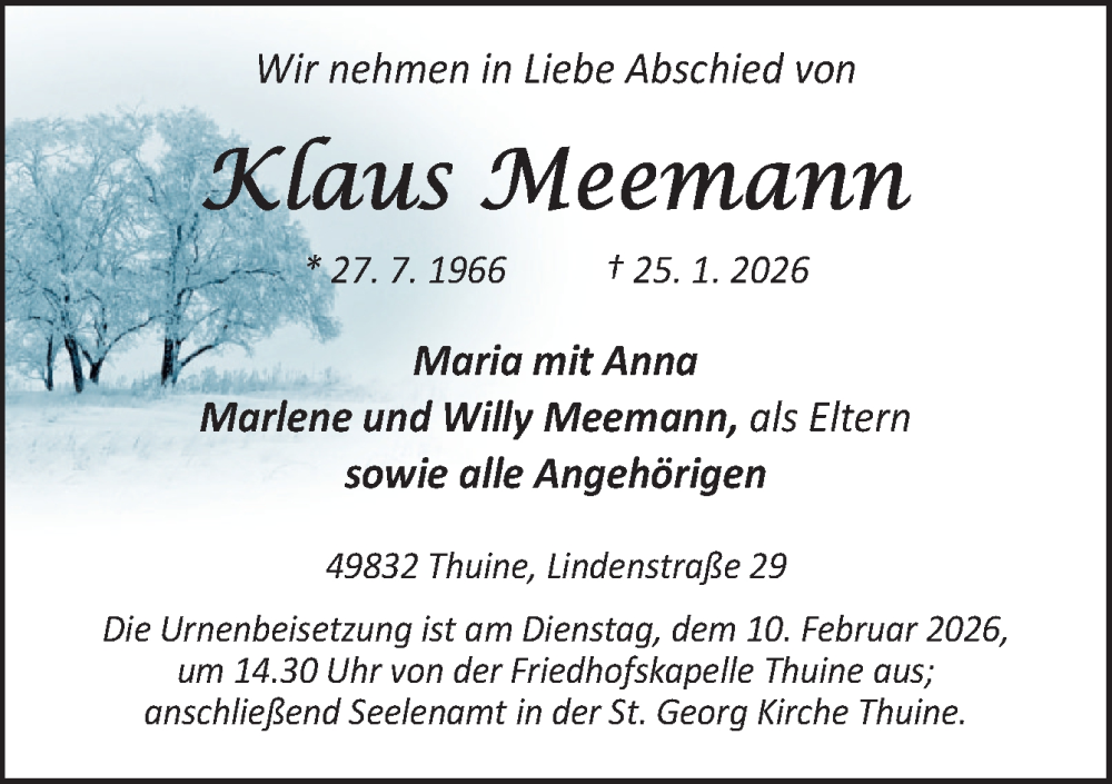  Traueranzeige für Klaus Meemann vom 31.01.2026 aus Neue Osnabrücker Zeitung GmbH & Co. KG
