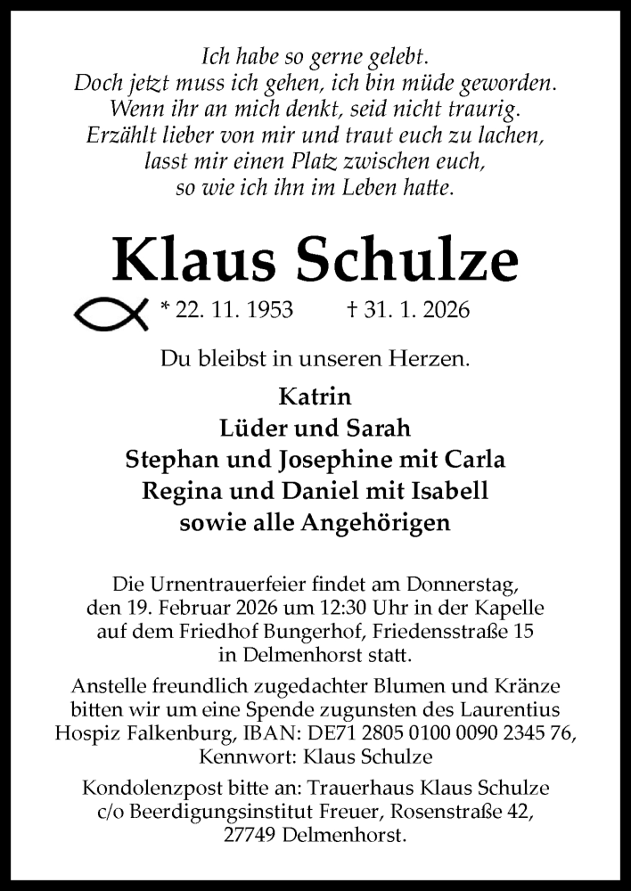  Traueranzeige für Klaus Schulze vom 14.02.2026 aus DK Medien GmbH & Co. KG
