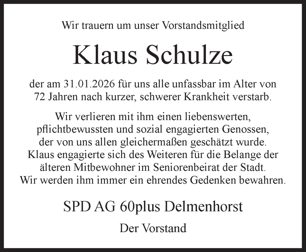  Traueranzeige für Klaus Schulze vom 14.02.2026 aus DK Medien GmbH & Co. KG
