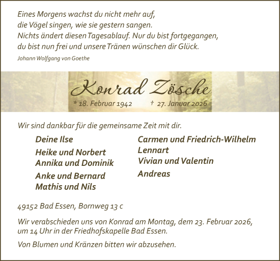 Traueranzeige von Konrad Zösche von Neue Osnabrücker Zeitung GmbH & Co. KG