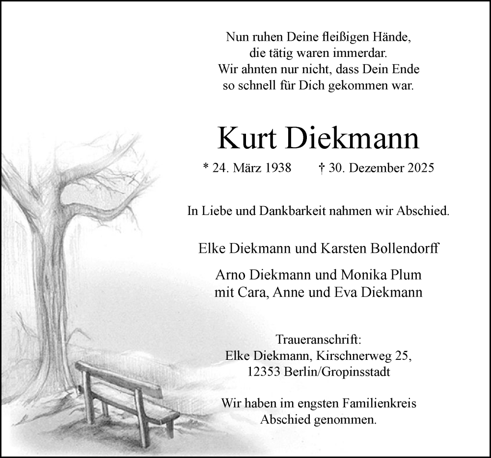  Traueranzeige für Kurt Diekmann vom 07.02.2026 aus Neue Osnabrücker Zeitung GmbH & Co. KG
