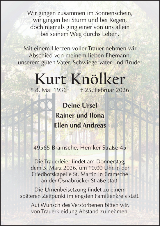Traueranzeige von Kurt Knölker von Neue Osnabrücker Zeitung GmbH & Co. KG