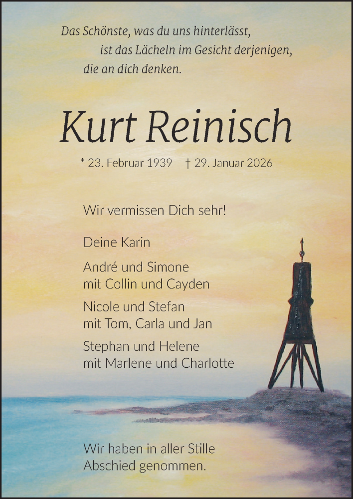  Traueranzeige für Kurt Reinisch vom 14.02.2026 aus Neue Osnabrücker Zeitung GmbH & Co. KG