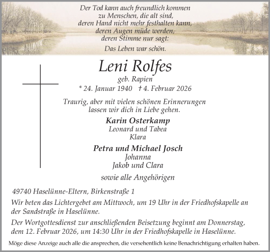 Traueranzeige von Leni Rolfes von Neue Osnabrücker Zeitung GmbH & Co. KG