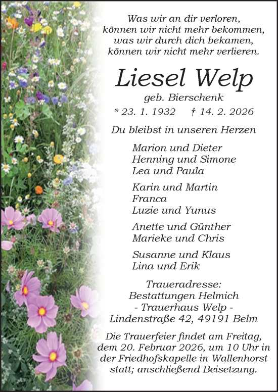 Traueranzeige von Liesel Welp von Neue Osnabrücker Zeitung GmbH & Co. KG