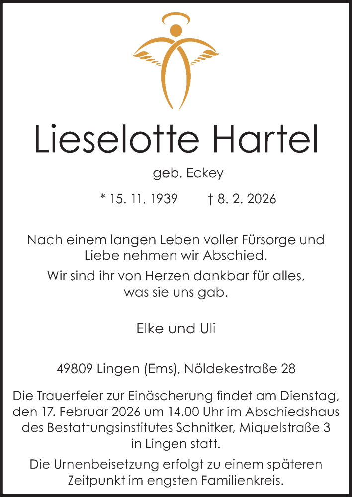  Traueranzeige für Lieselotte Hartel vom 14.02.2026 aus Neue Osnabrücker Zeitung GmbH & Co. KG
