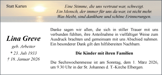 Traueranzeige von Lina Greve von Neue Osnabrücker Zeitung GmbH & Co. KG