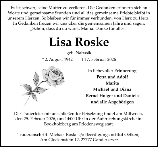 Traueranzeige von Lisa Roske von DK Medien GmbH & Co. KG