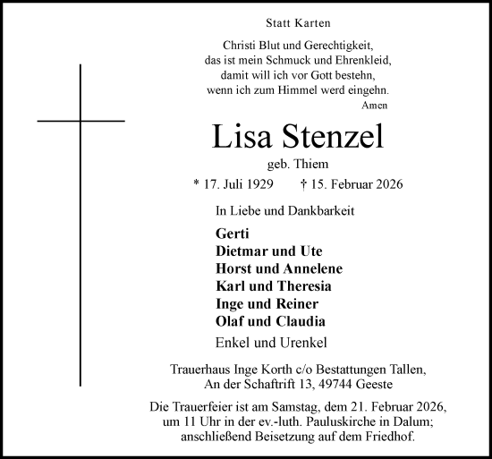 Traueranzeige von Lisa Stenzel von Neue Osnabrücker Zeitung GmbH & Co. KG
