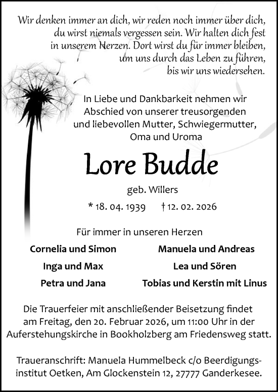 Traueranzeige von Lore Budde von DK Medien GmbH & Co. KG