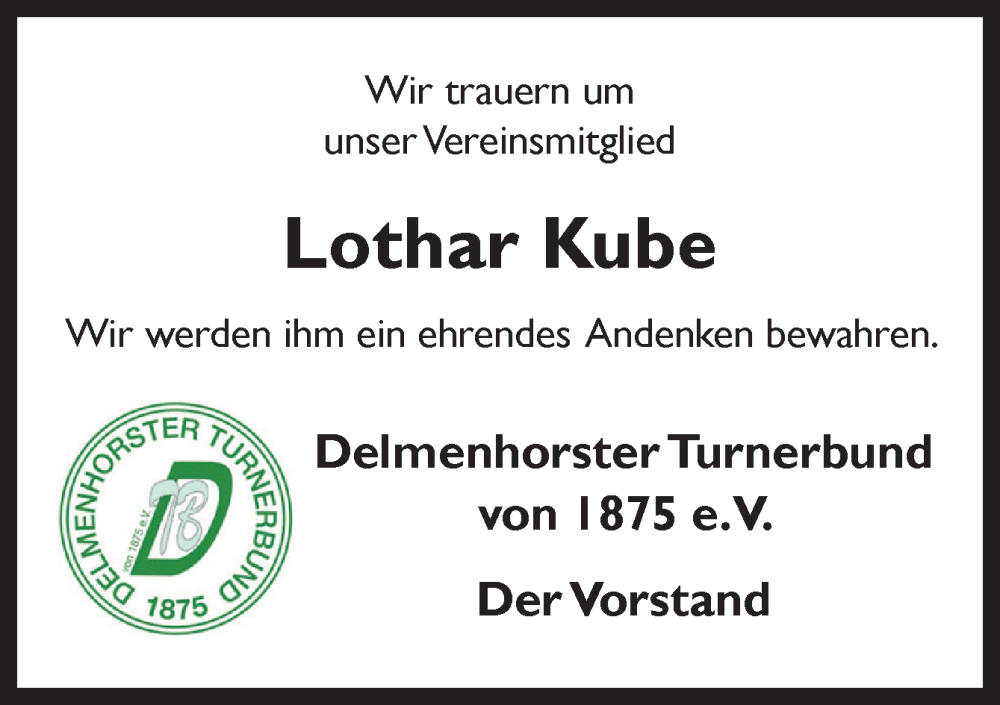  Traueranzeige für Lothar Kube vom 28.02.2026 aus DK Medien GmbH & Co. KG
