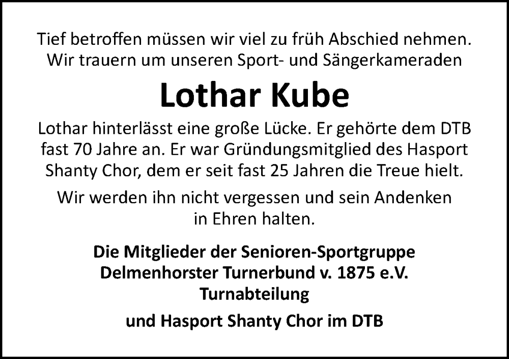  Traueranzeige für Lothar Kube vom 28.02.2026 aus DK Medien GmbH & Co. KG