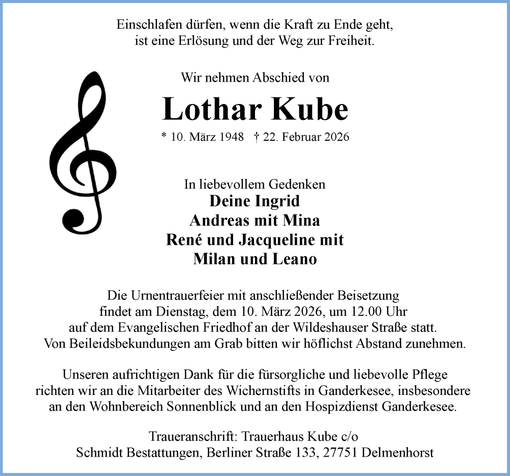  Traueranzeige für Lothar Kube vom 28.02.2026 aus DK Medien GmbH & Co. KG