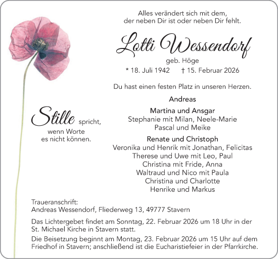 Traueranzeige von Lotti Wessendorf von Neue Osnabrücker Zeitung GmbH & Co. KG