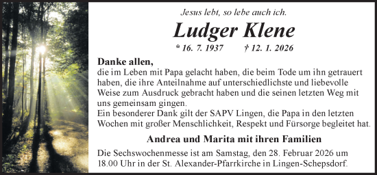 Traueranzeige von Ludger Klene von Neue Osnabrücker Zeitung GmbH & Co. KG