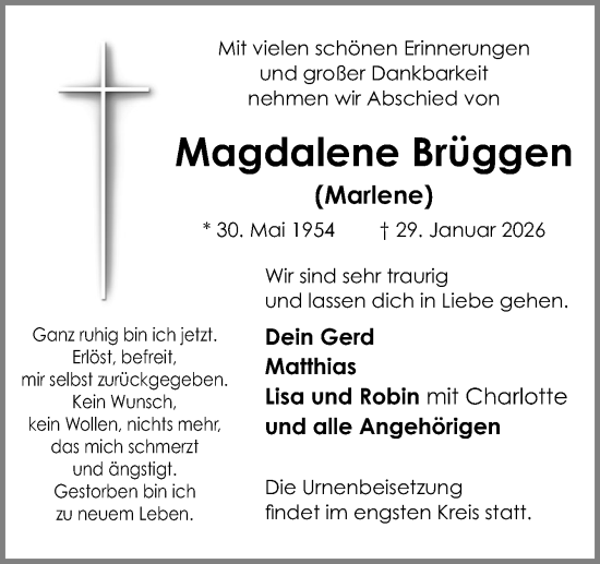 Traueranzeige von Magdalene Brüggen von Neue Osnabrücker Zeitung GmbH & Co. KG
