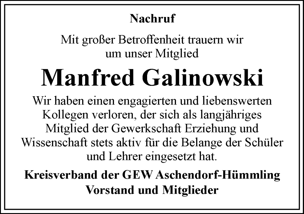  Traueranzeige für Manfred Galinowski vom 18.02.2026 aus Neue Osnabrücker Zeitung GmbH & Co. KG