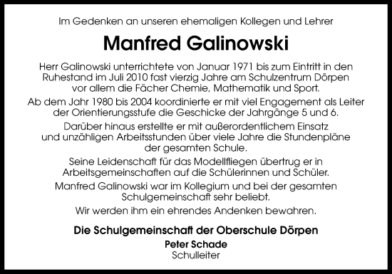 Traueranzeige von Manfred Galinowski von Neue Osnabrücker Zeitung GmbH & Co. KG