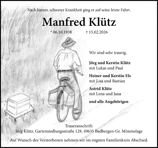 Traueranzeige von Manfred Klütz von Neue Osnabrücker Zeitung GmbH & Co. KG