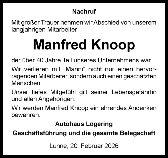 Traueranzeige von Manfred Knoop von Neue Osnabrücker Zeitung GmbH & Co. KG