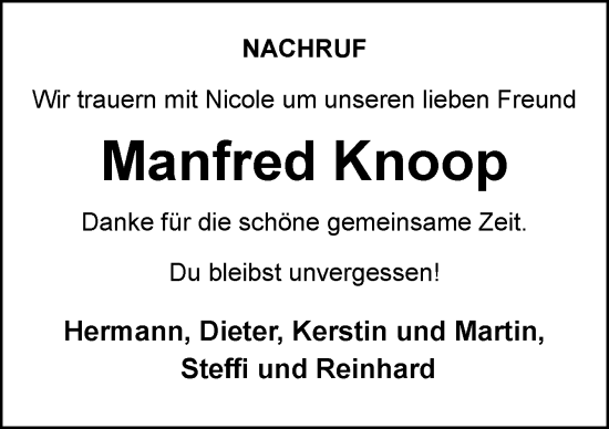 Traueranzeige von Manfred Knoop von Neue Osnabrücker Zeitung GmbH & Co. KG