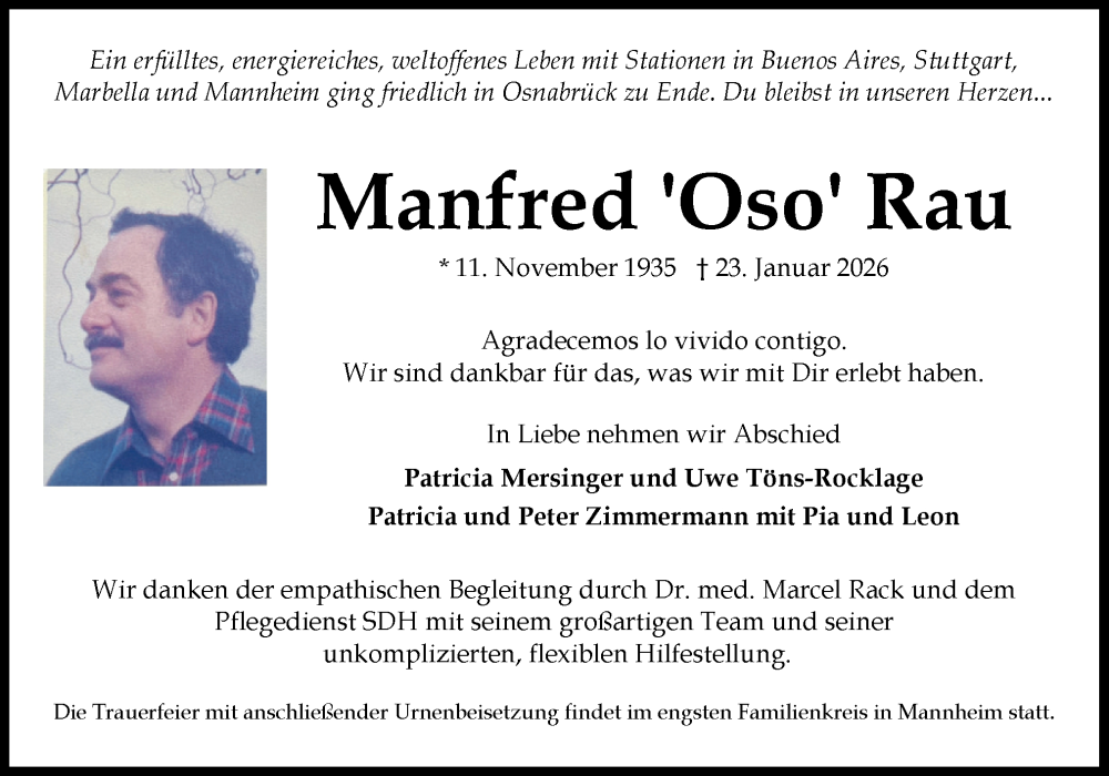  Traueranzeige für Manfred Rau vom 07.02.2026 aus Neue Osnabrücker Zeitung GmbH & Co. KG