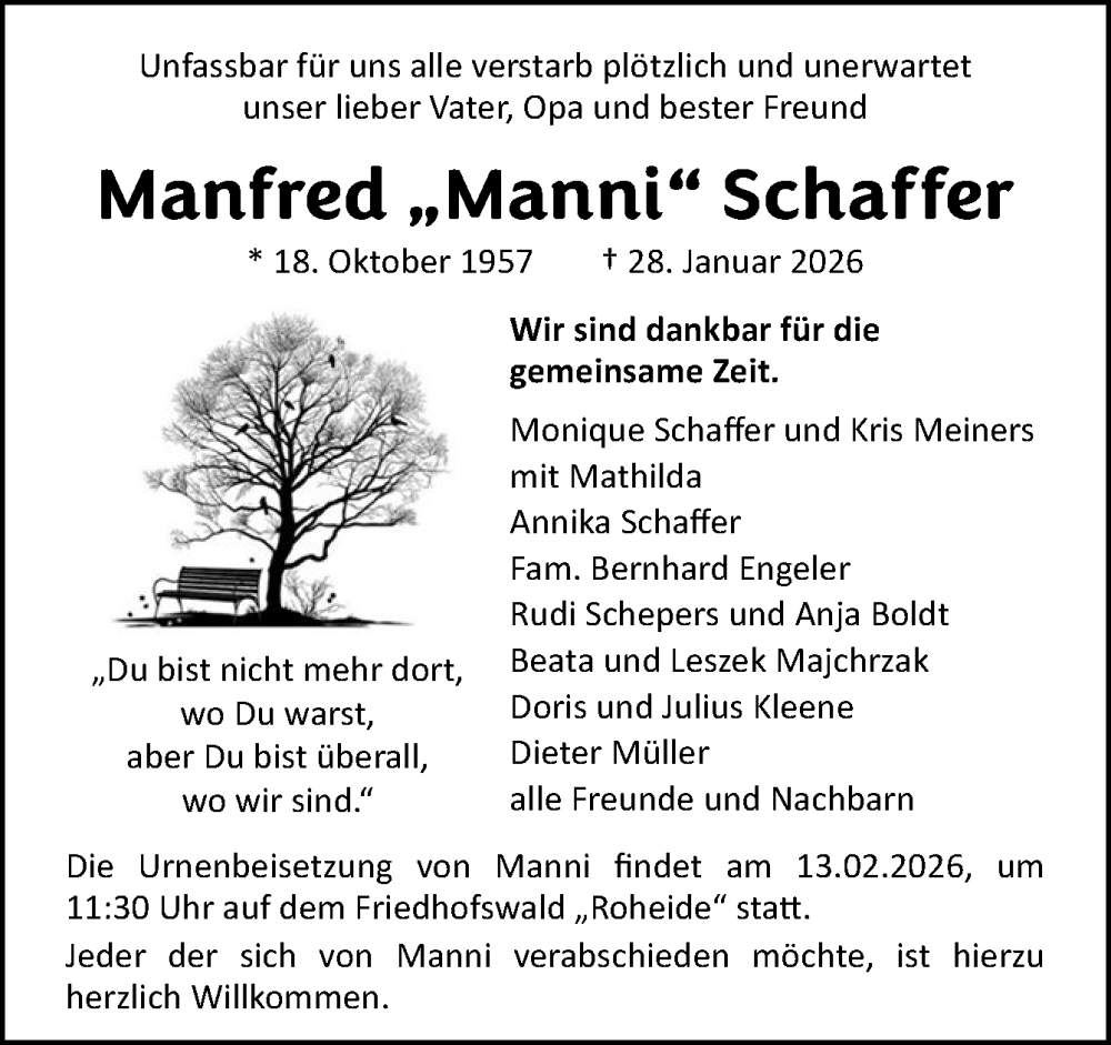  Traueranzeige für Manfred Schaffer vom 11.02.2026 aus Neue Osnabrücker Zeitung GmbH & Co. KG