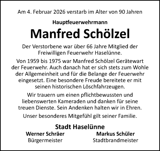 Traueranzeige von Manfred Schölzel von Neue Osnabrücker Zeitung GmbH & Co. KG