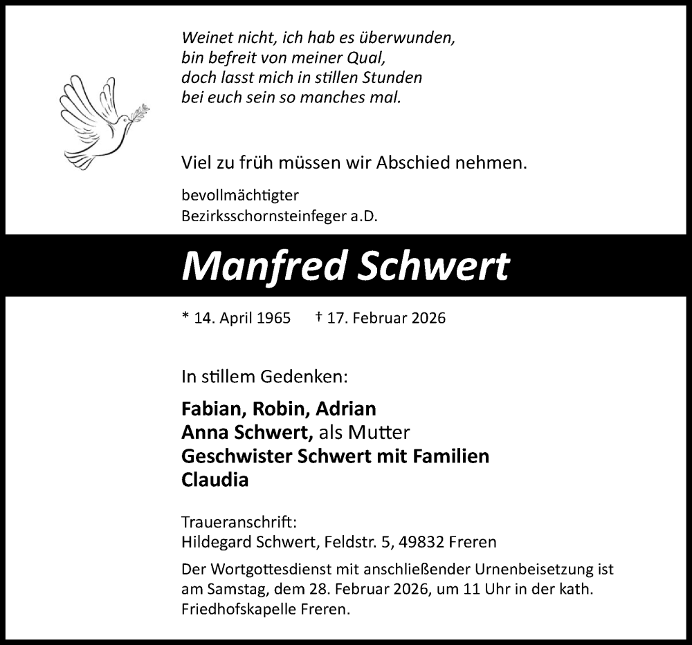  Traueranzeige für Manfred Schwert vom 24.02.2026 aus Neue Osnabrücker Zeitung GmbH & Co. KG