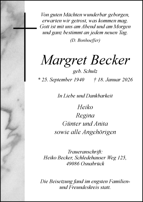 Traueranzeige von Margret Becker von Neue Osnabrücker Zeitung GmbH & Co. KG