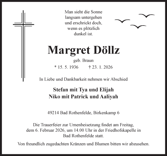 Traueranzeige von Margret Döllz von Neue Osnabrücker Zeitung GmbH & Co. KG