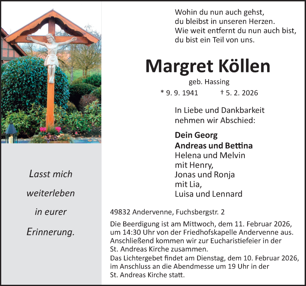  Traueranzeige für Margret Köllen vom 07.02.2026 aus Neue Osnabrücker Zeitung GmbH & Co. KG