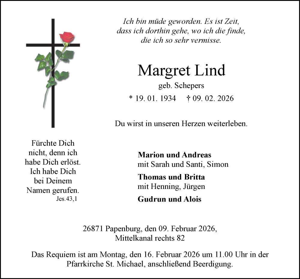  Traueranzeige für Margret Lind vom 12.02.2026 aus Neue Osnabrücker Zeitung GmbH & Co. KG