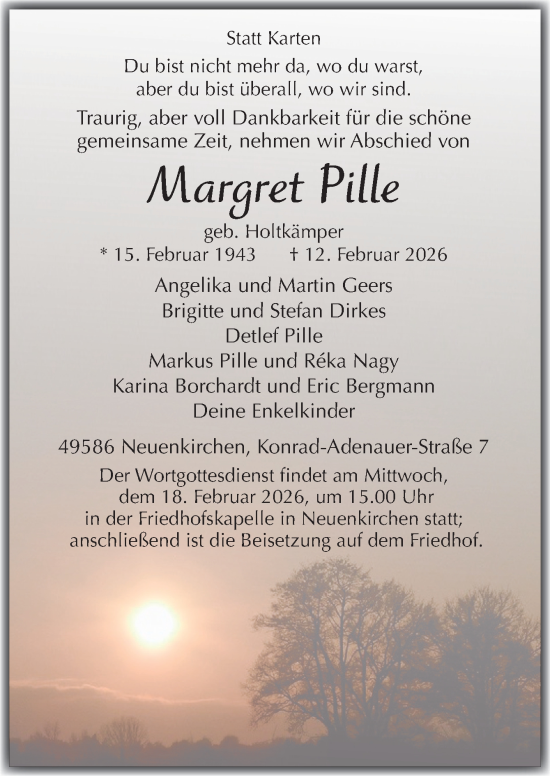 Traueranzeige von Margret Pille von Neue Osnabrücker Zeitung GmbH & Co. KG