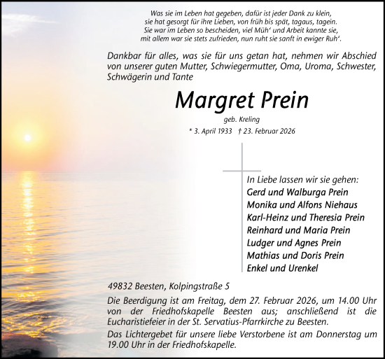 Traueranzeige von Margret Prein von Neue Osnabrücker Zeitung GmbH & Co. KG