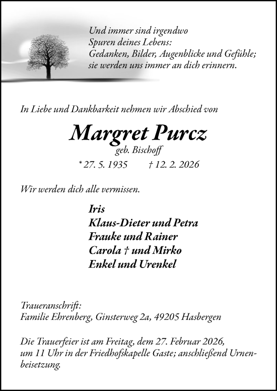 Traueranzeige von Margret Purcz von Neue Osnabrücker Zeitung GmbH & Co. KG