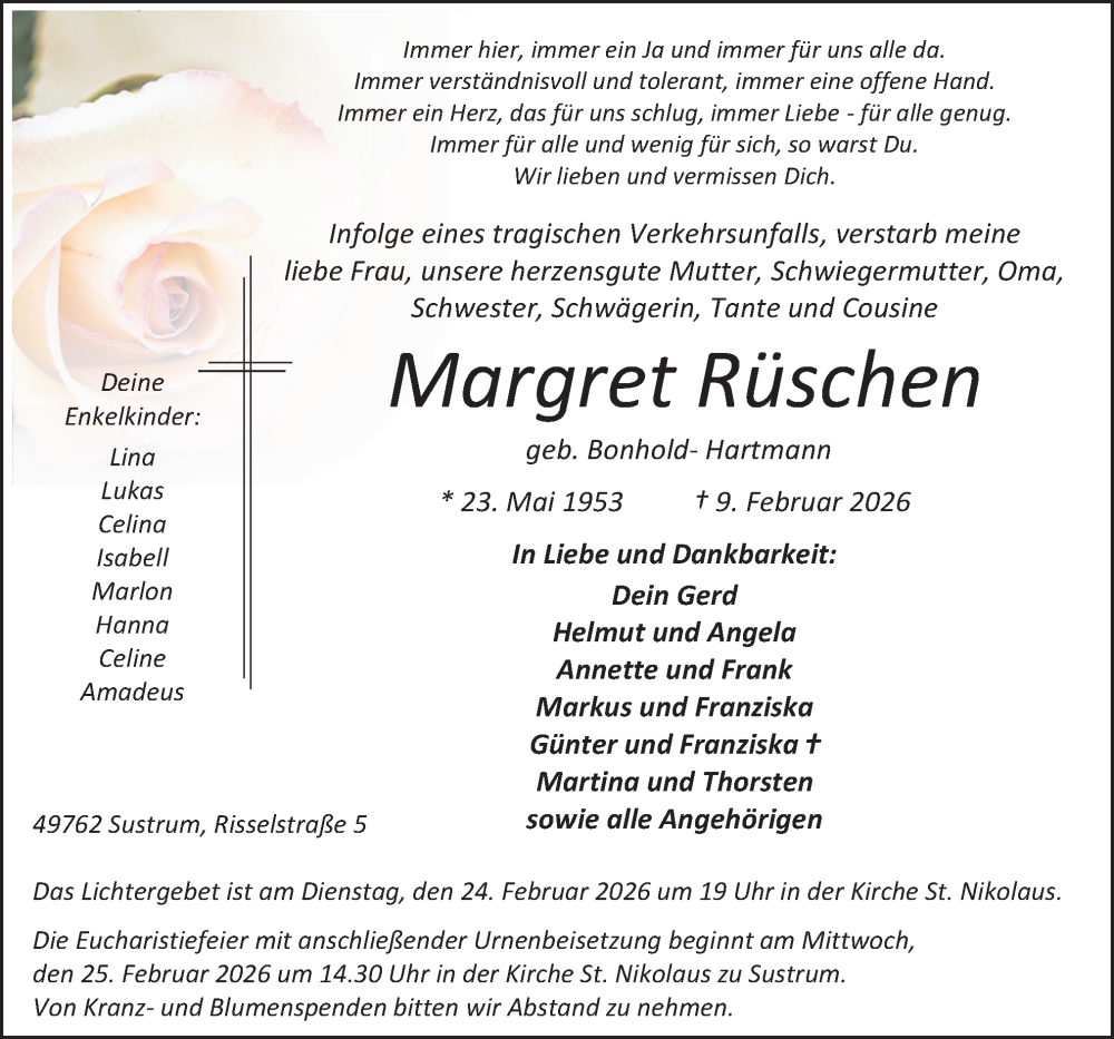  Traueranzeige für Margret Rüschen vom 14.02.2026 aus Neue Osnabrücker Zeitung GmbH & Co. KG