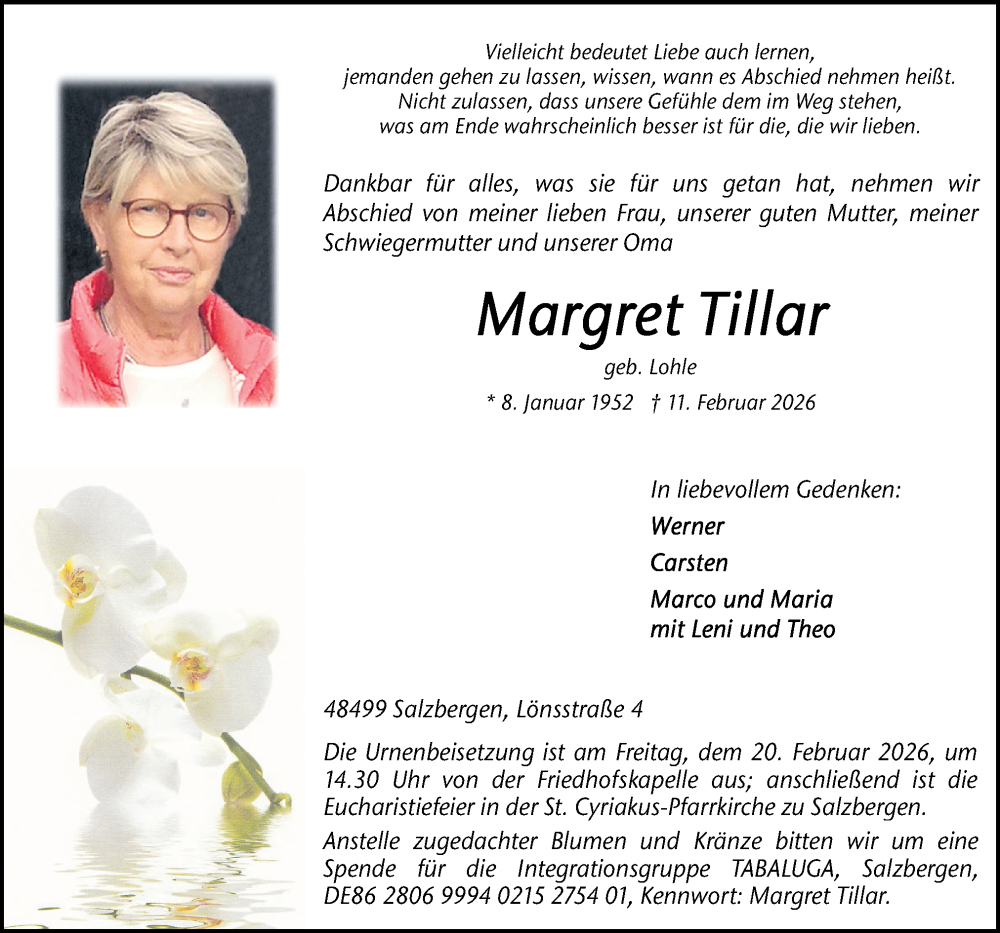  Traueranzeige für Margret Tillar vom 14.02.2026 aus Neue Osnabrücker Zeitung GmbH & Co. KG