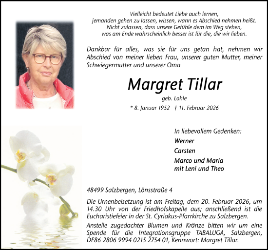 Traueranzeige von Margret Tillar von Neue Osnabrücker Zeitung GmbH & Co. KG