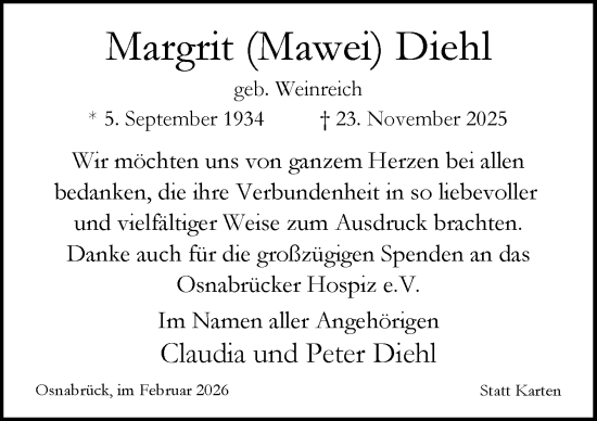 Traueranzeige von Margrit Diehl von Neue Osnabrücker Zeitung GmbH & Co. KG