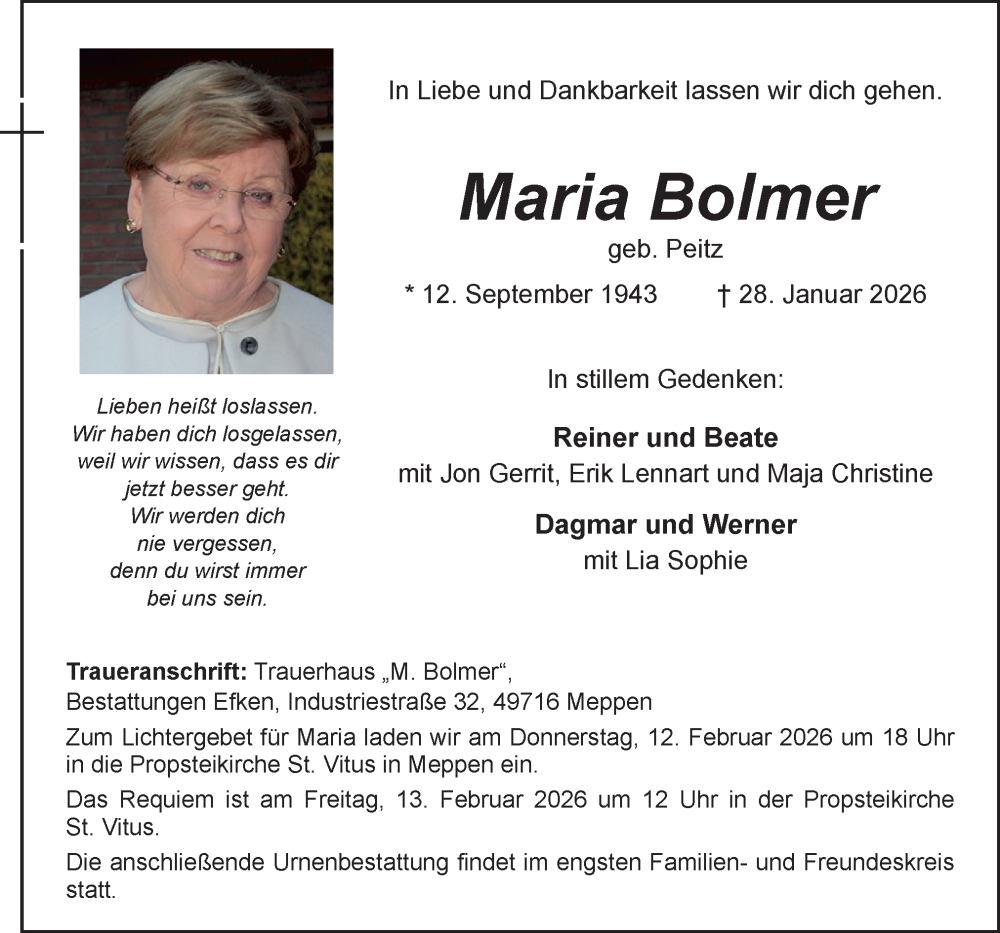  Traueranzeige für Maria Bolmer vom 07.02.2026 aus Neue Osnabrücker Zeitung GmbH & Co. KG