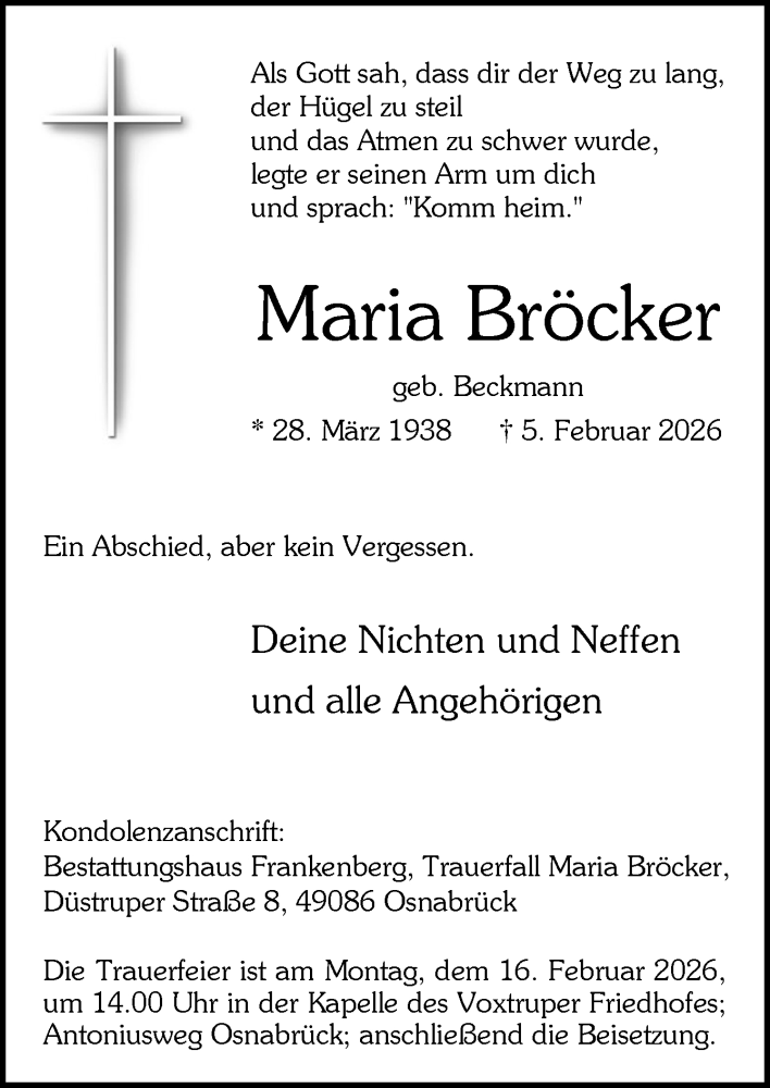  Traueranzeige für Maria Bröcker vom 14.02.2026 aus Neue Osnabrücker Zeitung GmbH & Co. KG