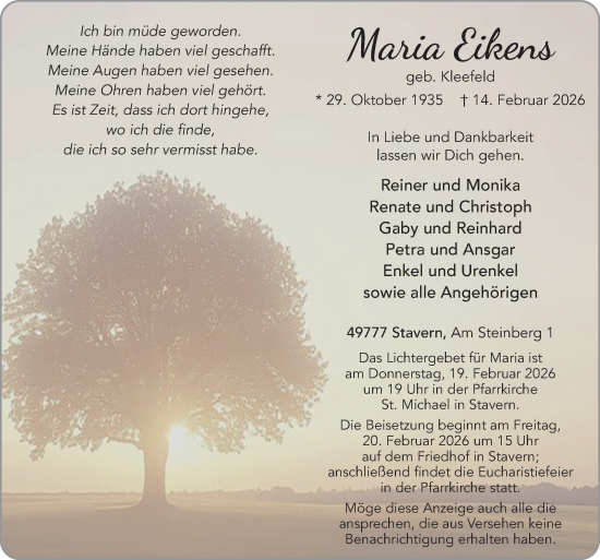 Traueranzeige von Maria Eikens von Neue Osnabrücker Zeitung GmbH & Co. KG