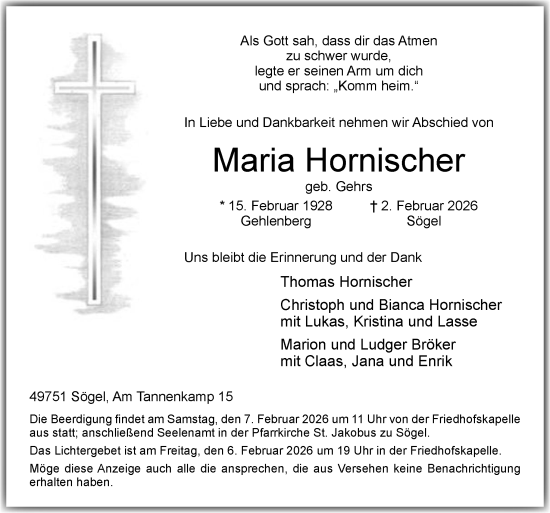 Traueranzeige von Maria Hornischer von Neue Osnabrücker Zeitung GmbH &amp; Co. KG