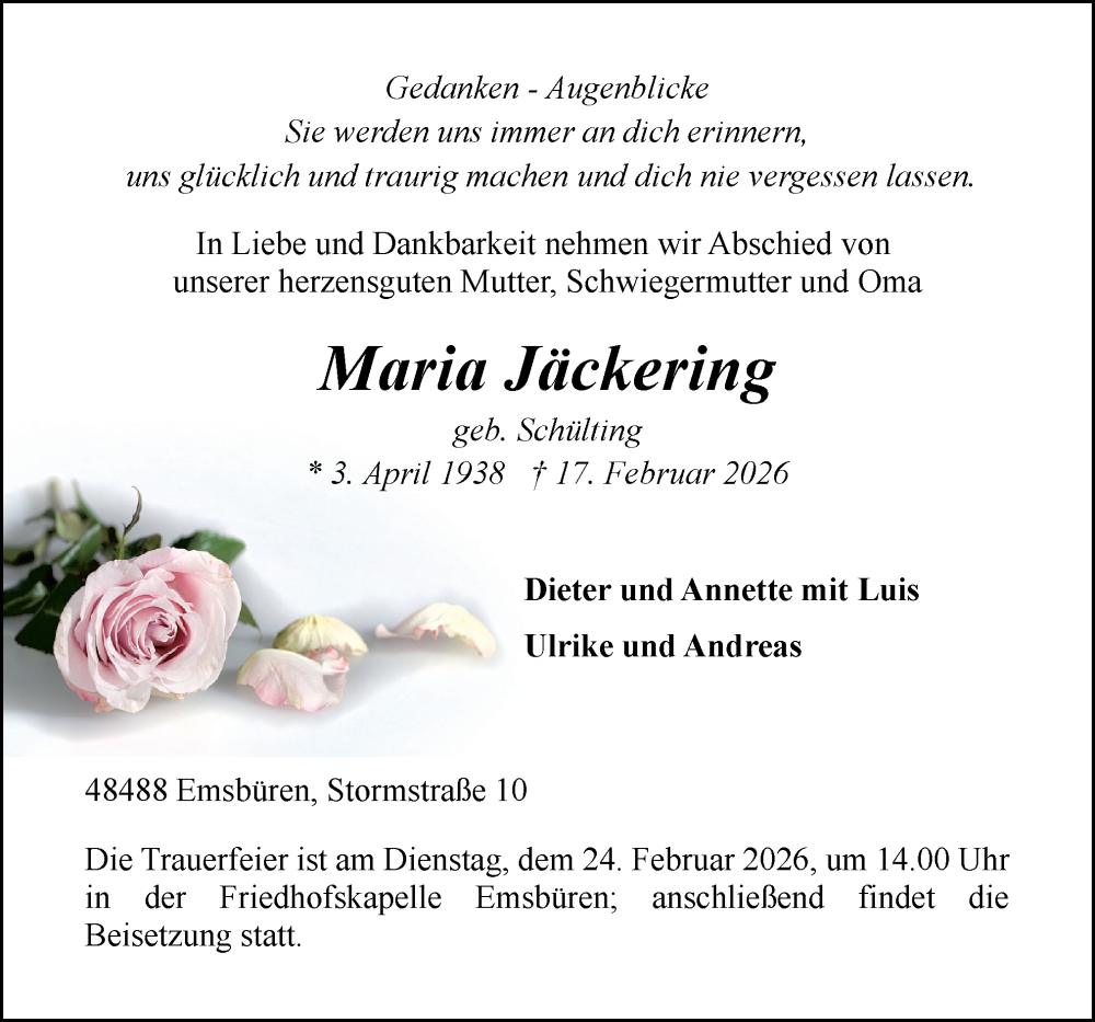  Traueranzeige für Maria Jäckering vom 20.02.2026 aus Neue Osnabrücker Zeitung GmbH & Co. KG